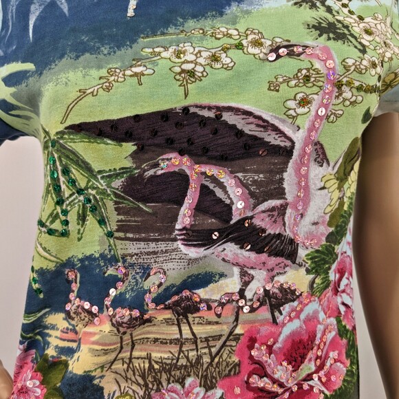 Vintage 90s y2k Take Two Ringer Tee Floral Tropical Falmingo Sequins Size S - Picture 5 of 10